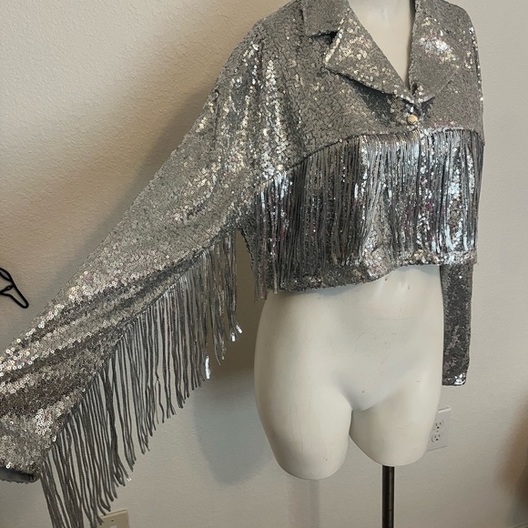 Saints & Hearts Silver Sequin Fringe Cropped Jacket - Picture 3 of 10